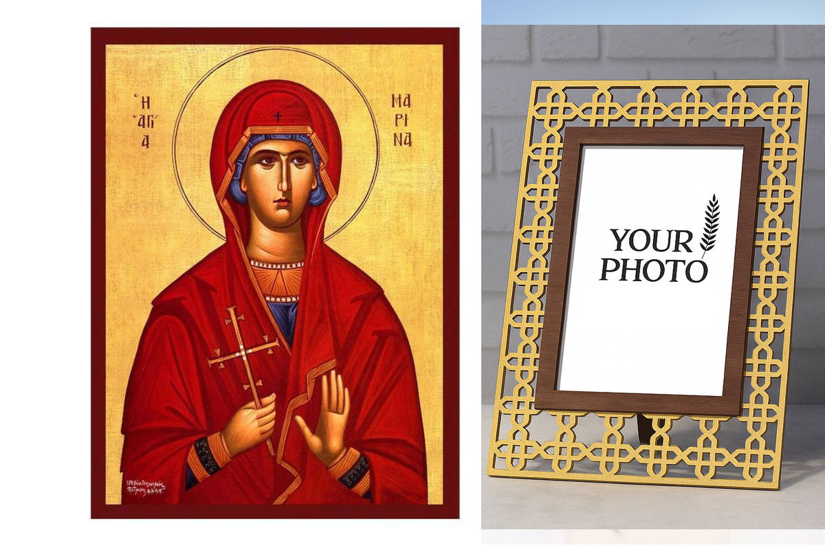 Εικόνα Ορθοδοξίας Πολυτελείας  με  σχεδιο Σταυρούς μαζι με  Βάση σε  8 χρώματα με περίγραμμα χρυσό σε ξύλο Plywood (Πλακάζ)   με  βάση Εικόνα Αγίας Μαρίνας, Χειροποίητη Βυζαντινή εικόνα Αγίας Μαρίνας, Πλακέτα θρησκευτικής τέχνης, Χριστιανικό δώρο Διάσταση