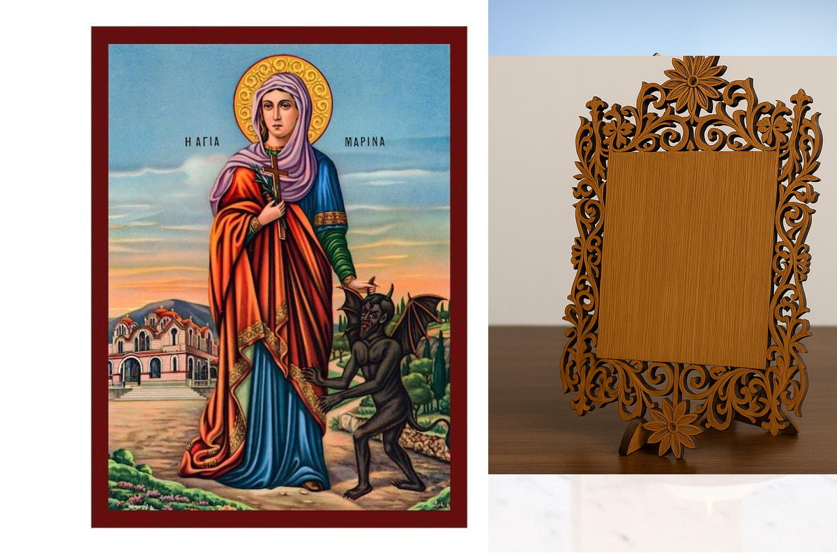 Εικόνα Ορθοδοξίας Δαντέλα μαζι με  Βάση σε  8 χρώματα με περίγραμμα χρυσό σε ξύλο Plywood (Πλακάζ)   με  βάση Αναγεννησιακή εικόνα της Αγίας Μαρίνας, Χειροποίητη αναγεννησιακή εικόνα της Αγίας Μαρίνας, Κρεμαστή πλάκα θρησκευτικής τέχνης, χριστιανικό δώρο