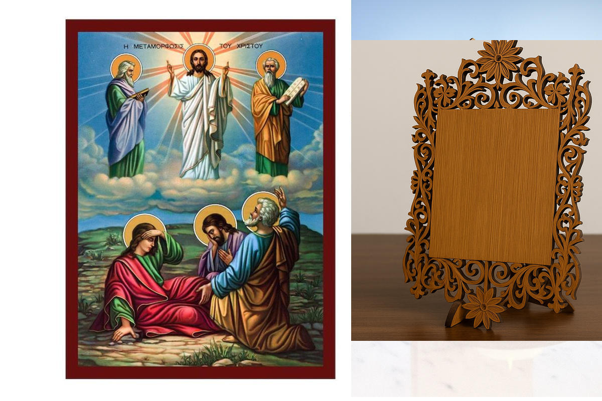 Εικόνα Ορθοδοξίας Δαντέλα μαζι με  Βάση σε  8 χρώματα με περίγραμμα χρυσό σε ξύλο Plywood (Πλακάζ)   με  βάση Η εικόνα της Μεταμόρφωσης του Σωτήρος, Χειροποίητη Ελληνορθόδοξη εικόνα του Ιησού Χριστού, επιτοίχια βυζαντινή τέχνη, θρησκευτική διακόσμηση Διάσ