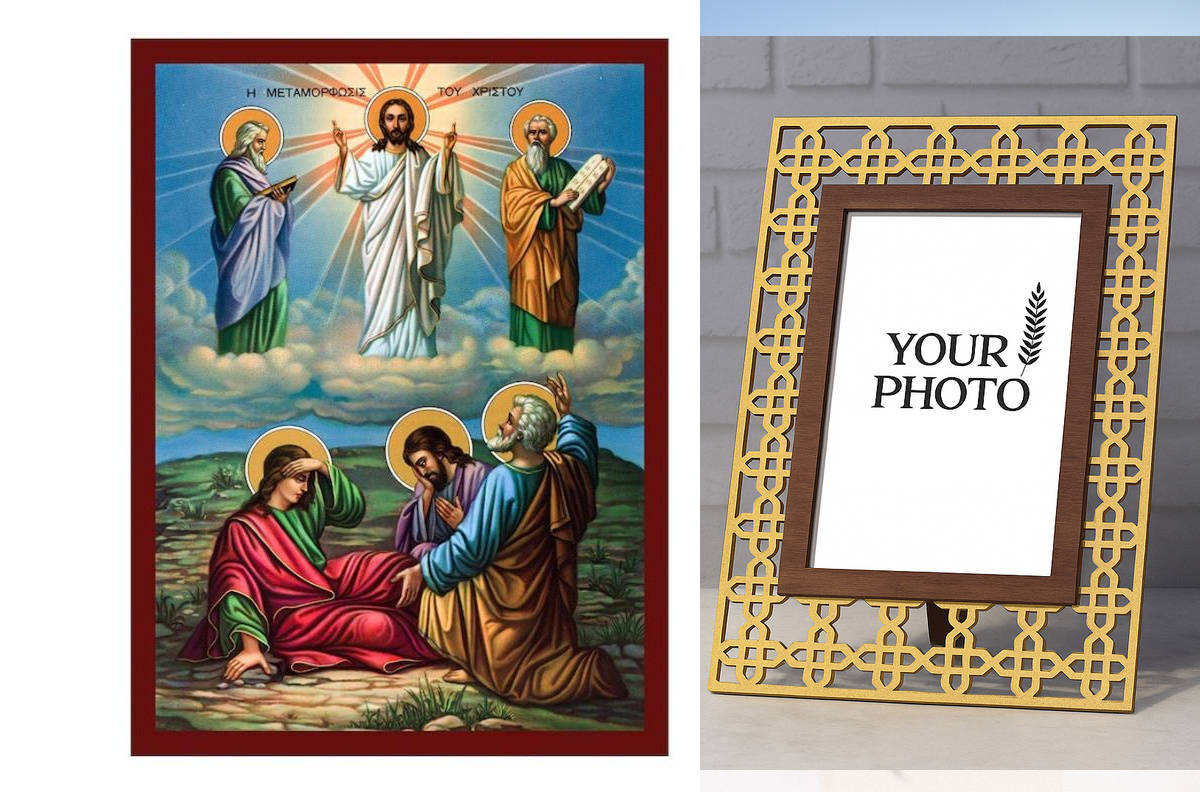 Εικόνα Ορθοδοξίας Πολυτελείας  με  σχεδιο Σταυρούς μαζι με  Βάση σε  8 χρώματα με περίγραμμα χρυσό σε ξύλο Plywood (Πλακάζ)   με  βάση Η εικόνα της Μεταμόρφωσης του Σωτήρος, Χειροποίητη Ελληνορθόδοξη εικόνα του Ιησού Χριστού, επιτοίχια βυζαντινή τέχνη, θρ