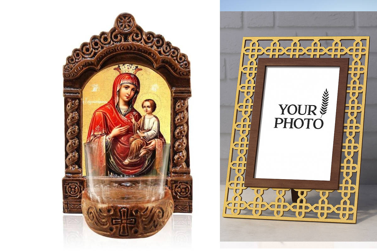 Σετ 2 τεμαχίων – Εικόνα Ορθοδοξίας Πολυτελείας  με  σχεδιο Σταυρούς μαζι με  Βάση σε  8 χρώματα με περίγραμμα χρυσό σε ξύλο Plywood (Πλακάζ)   με  βάση Παναγία Γοργοεπήκοος Αγρυπνός, Παναγία Γρήγορο Ακούγεται Κεραμικό Επιτραπέζιο Εικονίδιο, Χειροποίητο Φω