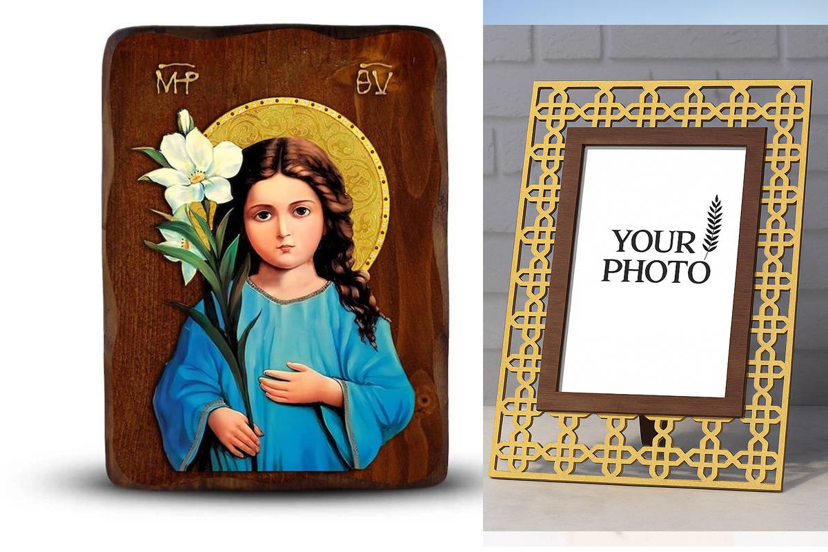 Εικόνα Ορθοδοξίας Πολυτελείας  με  σχεδιο Σταυρούς μαζι με  Βάση σε  8 χρώματα με περίγραμμα χρυσό σε ξύλο Plywood (Πλακάζ)   με  βάση Παναγία στην Τριετία Εικόνα, Χειροποίητη Ξύλινη εικόνα της Παναγίας σε Μικρή Ηλικία, τοίχος βυζαντινής τέχνης, θρησκευτι