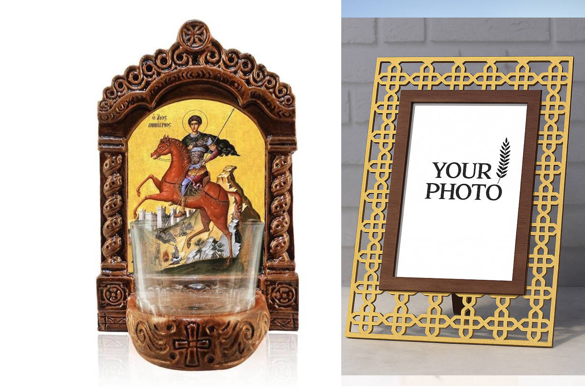 Εικόνα Ορθοδοξίας Πολυτελείας  με  σχεδιο Σταυρούς μαζι με  Βάση σε  8 χρώματα με περίγραμμα χρυσό σε ξύλο Plywood (Πλακάζ)   με  βάση Φωτιστικό Αγρυπνίας Αγίου Δημητρίου, Επιτραπέζια εικόνα Αγίου Δημητρίου, Χειροποίητο Κεραμικό Φωτιστικό με Γυάλινο Κύπελ