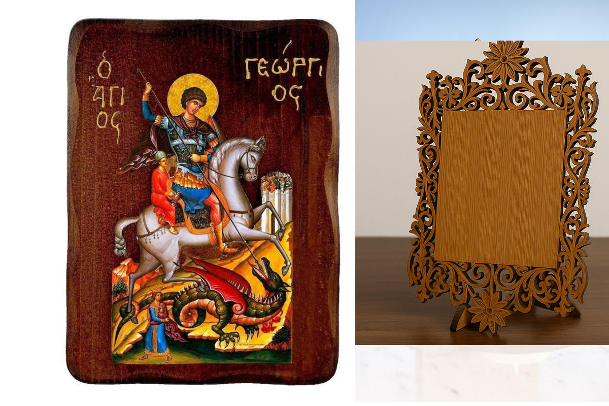 Εικόνα Ορθοδοξίας Δαντέλα μαζι με  Βάση σε  8 χρώματα με περίγραμμα χρυσό σε ξύλο Plywood (Πλακάζ)   με  βάση Εικόνα Αγίου Γεωργίου, Χειροποίητη ελληνορθόδοξη εικόνα του Αγίου Γεωργίου, επιτοίχια πλάκα βυζαντινής τέχνης, θρησκευτικό δώρο, χριστιανική διακ