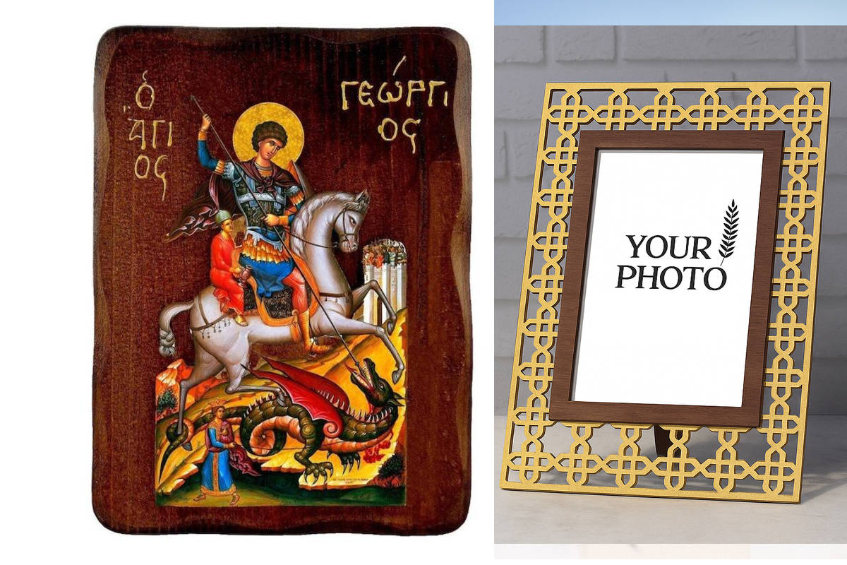 Εικόνα Ορθοδοξίας Πολυτελείας  με  σχεδιο Σταυρούς μαζι με  Βάση σε  8 χρώματα με περίγραμμα χρυσό σε ξύλο Plywood (Πλακάζ)   με  βάση Εικόνα Αγίου Γεωργίου, Χειροποίητη ελληνορθόδοξη εικόνα του Αγίου Γεωργίου, επιτοίχια πλάκα βυζαντινής τέχνης, θρησκευτι