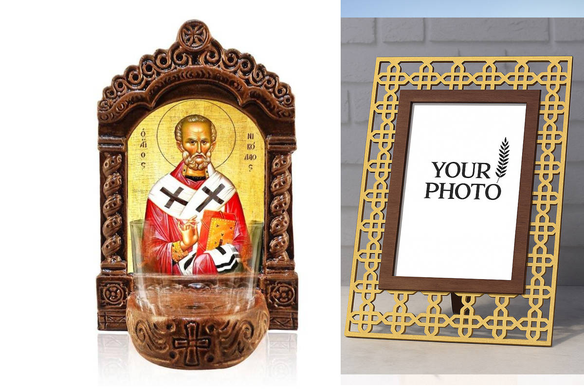 Εικόνα Ορθοδοξίας Πολυτελείας  με  σχεδιο Σταυρούς μαζι με  Βάση σε  8 χρώματα με περίγραμμα χρυσό σε ξύλο Plywood (Πλακάζ)   με  βάση Φωτιστικό Αγρυπνίας Αγίου Νικολάου, Επιτραπέζια εικόνα Αγίου Νικολάου, Χειροποίητο Κεραμικό Φωτιστικό με Γυάλινο Κύπελλο