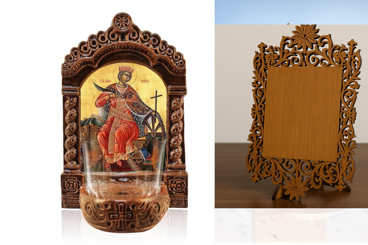 Εικόνα Ορθοδοξίας Δαντέλα μαζι με  Βάση σε  8 χρώματα με περίγραμμα χρυσό σε ξύλο Plywood (Πλακάζ)   με  βάση Φωτιστικό Αγίας Αικατερίνης, Εικόνα Επιτραπέζιας Αγίας Αικατερίνης, Χειροποίητο Κεραμικό Φωτιστικό με Γυάλινο Κύπελλο Διάσταση 45x35 cm (17,7 x 1