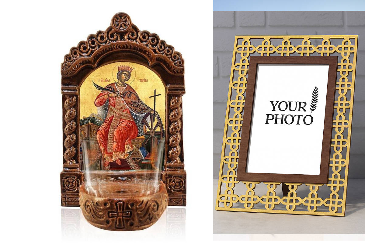 Εικόνα Ορθοδοξίας Πολυτελείας  με  σχεδιο Σταυρούς μαζι με  Βάση σε  8 χρώματα με περίγραμμα χρυσό σε ξύλο Plywood (Πλακάζ)   με  βάση Φωτιστικό Αγίας Αικατερίνης, Εικόνα Επιτραπέζιας Αγίας Αικατερίνης, Χειροποίητο Κεραμικό Φωτιστικό με Γυάλινο Κύπελλο Δι