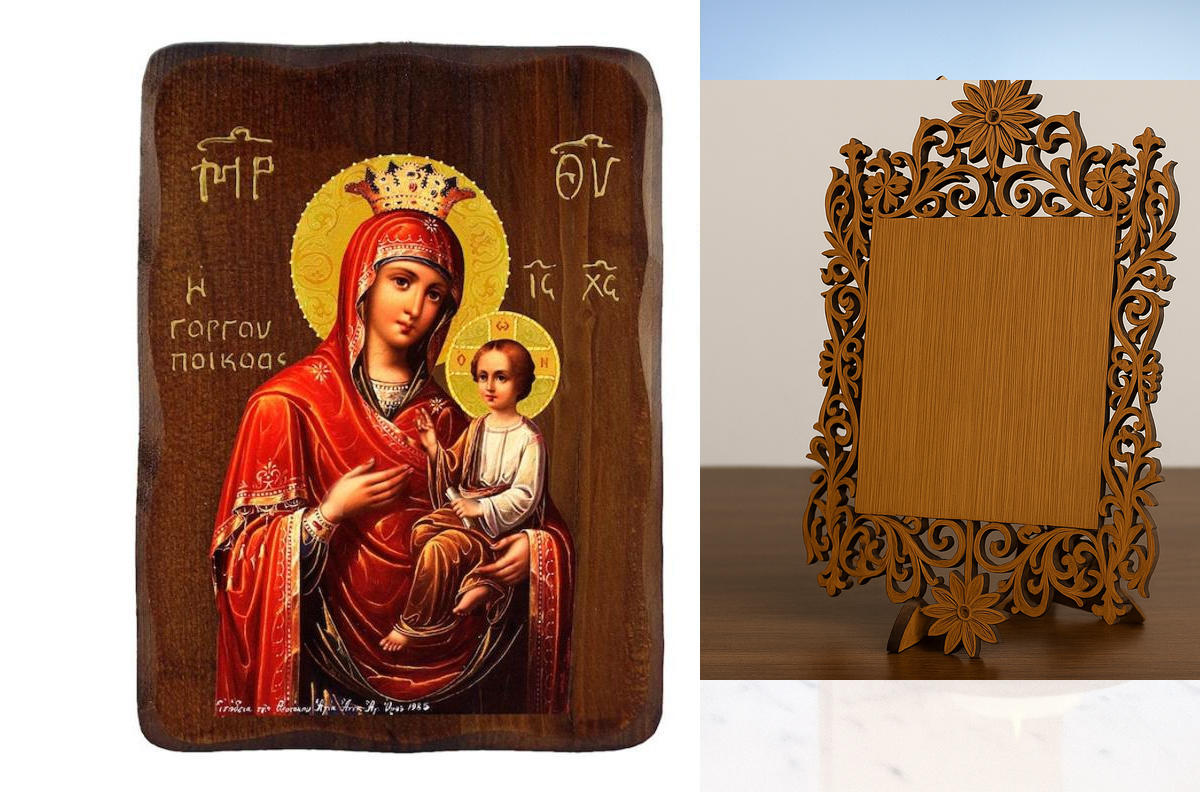 Σετ 2 τεμαχίων – Εικόνα Ορθοδοξίας Δαντέλα μαζι με  Βάση σε  8 χρώματα με περίγραμμα χρυσό σε ξύλο Plywood (Πλακάζ)   με  βάση Παναγία Παναγία Γρήγορη εικόνα, Χειροποίητη Ξύλινη εικόνα της Παναγίας Γοργοϋπηκόου, τοίχος βυζαντινής τέχνης, θρησκευτικό δώρο,