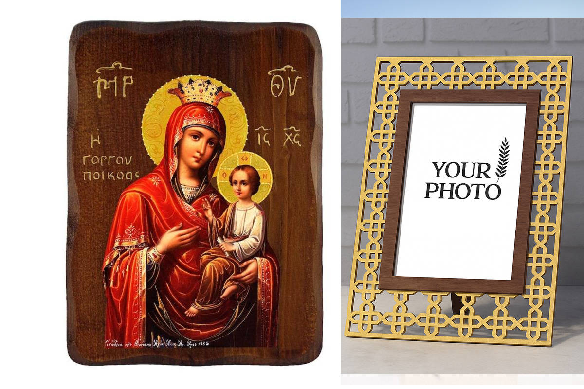 Σετ 2 τεμαχίων – Εικόνα Ορθοδοξίας Πολυτελείας  με  σχεδιο Σταυρούς μαζι με  Βάση σε  8 χρώματα με περίγραμμα χρυσό σε ξύλο Plywood (Πλακάζ)   με  βάση Παναγία Παναγία Γρήγορη εικόνα, Χειροποίητη Ξύλινη εικόνα της Παναγίας Γοργοϋπηκόου, τοίχος βυζαντινής