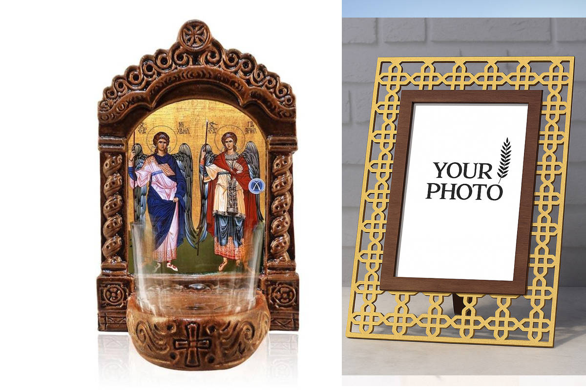 Εικόνα Ορθοδοξίας Πολυτελείας  με  σχεδιο Σταυρούς μαζι με  Βάση σε  8 χρώματα με περίγραμμα χρυσό σε ξύλο Plywood (Πλακάζ)   με  βάση Φωτιστικό Αγρυπνίας Αρχαγγέλων Μιχαήλ και Γαβριήλ, Εικονίδιο Επιτραπέζιου Ταξιάρχες, Χειροποίητο Κεραμικό Φωτιστικό Αγρυ