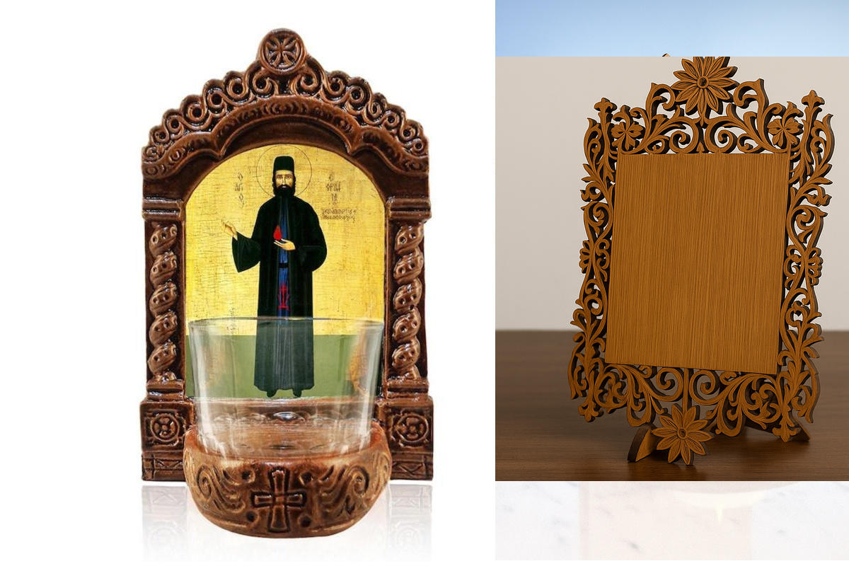 Εικόνα Ορθοδοξίας Δαντέλα μαζι με  Βάση σε  8 χρώματα με περίγραμμα χρυσό σε ξύλο Plywood (Πλακάζ)   με  βάση Φωτιστικό Αγρυπνίας Αγίου Εφραίμ, Επιτραπέζια εικόνα Αγίου Εφραίμ, Χειροποίητο Κεραμικό Φωτιστικό με Γυάλινο Κύπελλο Διάσταση 45x35 cm (17,7 x 13