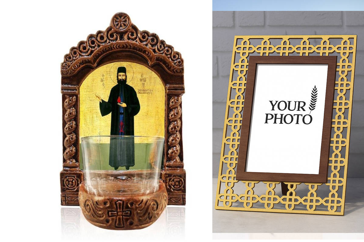 Εικόνα Ορθοδοξίας Πολυτελείας  με  σχεδιο Σταυρούς μαζι με  Βάση σε  8 χρώματα με περίγραμμα χρυσό σε ξύλο Plywood (Πλακάζ)   με  βάση Φωτιστικό Αγρυπνίας Αγίου Εφραίμ, Επιτραπέζια εικόνα Αγίου Εφραίμ, Χειροποίητο Κεραμικό Φωτιστικό με Γυάλινο Κύπελλο Διά