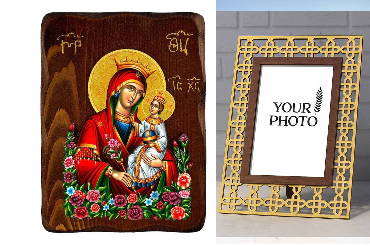 Εικόνα Ορθοδοξίας Πολυτελείας  με  σχεδιο Σταυρούς μαζι με  Βάση σε  8 χρώματα με περίγραμμα χρυσό σε ξύλο Plywood (Πλακάζ)   με  βάση Παναγία η Αμάραντη Ρόδο εικόνα, Χειροποίητη Ξύλινη εικόνα Παναγίας Ρόδων προς Αμάραντο, Βυζαντινή τέχνη τοίχος, θρησκευτ