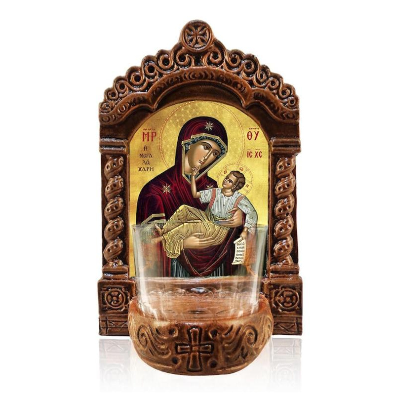Εικόνα Ορθοδοξίας με περίγραμμα χρυσό σε ξύλο Φλαμουρίας  με  βάση Παναγία της Μεγάλης Χάριτος Λυχνία Αγρυπνίας, Παναγία της Μεγάλης Χάριτος Κεραμική επιτραπέζια εικόνα, Παναγία Μεγαλόχαρη Αγρυπνία με Κύπελλο Διάσταση 45x35 cm (17,7 x 13,8 ίντσες) INTRAEK