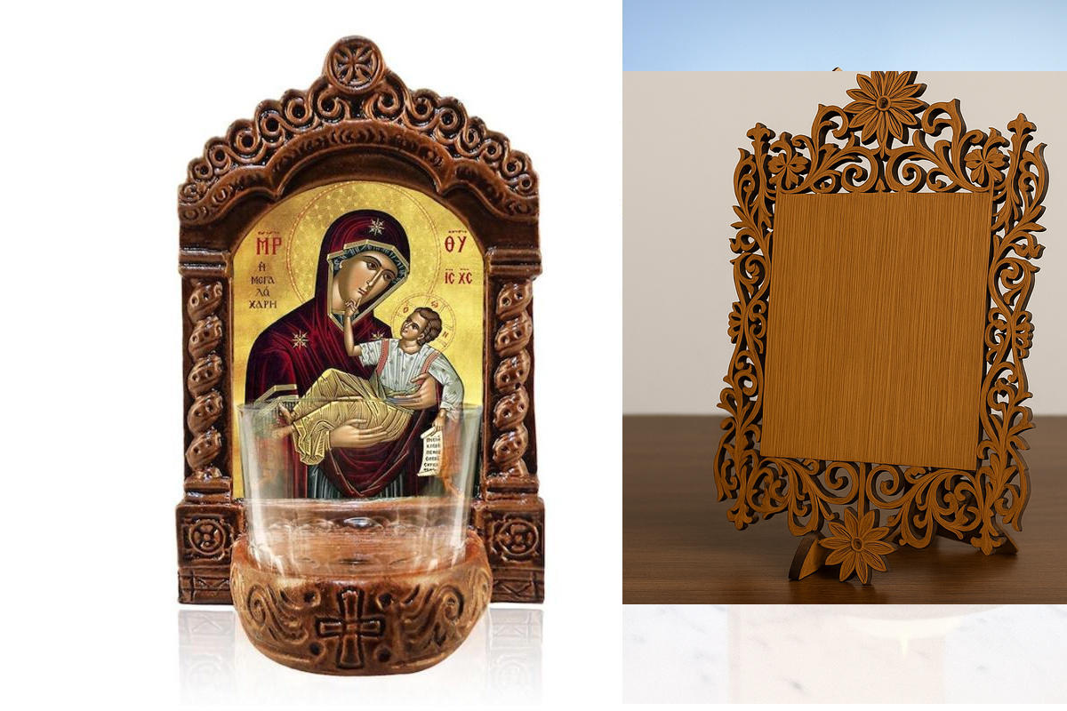 Εικόνα Ορθοδοξίας Δαντέλα μαζι με  Βάση σε  8 χρώματα με περίγραμμα χρυσό σε ξύλο Plywood (Πλακάζ)   με  βάση Παναγία της Μεγάλης Χάριτος Λυχνία Αγρυπνίας, Παναγία της Μεγάλης Χάριτος Κεραμική επιτραπέζια εικόνα, Παναγία Μεγαλόχαρη Αγρυπνία με Κύπελλο Διά