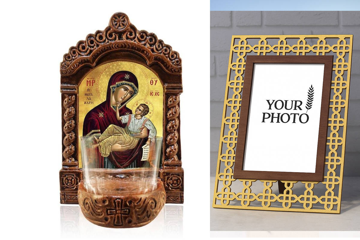 Εικόνα Ορθοδοξίας Πολυτελείας  με  σχεδιο Σταυρούς μαζι με  Βάση σε  8 χρώματα με περίγραμμα χρυσό σε ξύλο Plywood (Πλακάζ)   με  βάση Παναγία της Μεγάλης Χάριτος Λυχνία Αγρυπνίας, Παναγία της Μεγάλης Χάριτος Κεραμική επιτραπέζια εικόνα, Παναγία Μεγαλόχαρ