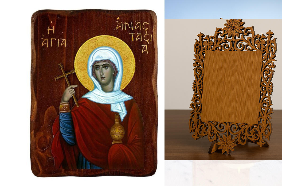 Εικόνα Ορθοδοξίας Δαντέλα μαζι με  Βάση σε  8 χρώματα με περίγραμμα χρυσό σε ξύλο Plywood (Πλακάζ)   με  βάση Εικόνα Αγίας Αναστασίας, Χειροποίητη ελληνορθόδοξη εικόνα της Αγίας Αναστασίας, επιτοίχια πλάκα βυζαντινής τέχνης, θρησκευτικό δώρο, χριστιανική