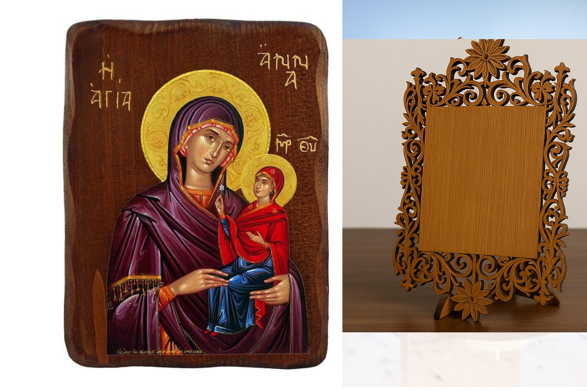 Εικόνα Ορθοδοξίας Δαντέλα μαζι με  Βάση σε  8 χρώματα με περίγραμμα χρυσό σε ξύλο Plywood (Πλακάζ)   με  βάση Εικόνα Αγίας Άννας, Χειροποίητη ελληνορθόδοξη εικόνα της Αγίας Άννας, επιτοίχια πλάκα βυζαντινής τέχνης, θρησκευτικό δώρο, χριστιανική διακόσμηση