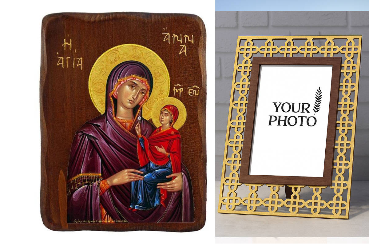 Σετ 2 τεμαχίων – Εικόνα Ορθοδοξίας Πολυτελείας  με  σχεδιο Σταυρούς μαζι με  Βάση σε  8 χρώματα με περίγραμμα χρυσό σε ξύλο Plywood (Πλακάζ)   με  βάση Εικόνα Αγίας Άννας, Χειροποίητη ελληνορθόδοξη εικόνα της Αγίας Άννας, επιτοίχια πλάκα βυζαντινής τέχνης