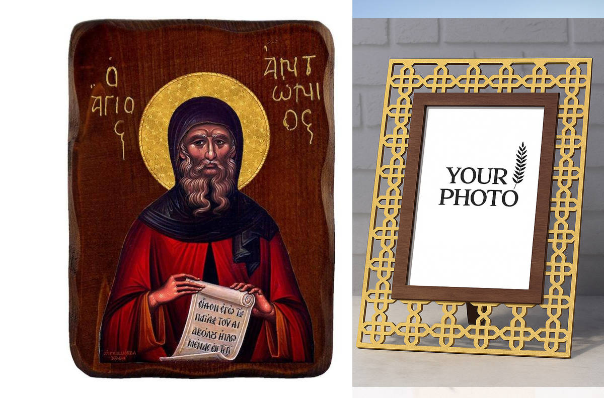 Εικόνα Ορθοδοξίας Πολυτελείας  με  σχεδιο Σταυρούς μαζι με  Βάση σε  8 χρώματα με περίγραμμα χρυσό σε ξύλο Plywood (Πλακάζ)   με  βάση Εικόνα Αγίου Αντωνίου, Χειροποίητη ελληνορθόδοξη εικόνα του Αγίου Αντωνίου, επιτοίχια πλάκα βυζαντινής τέχνης, θρησκευτι