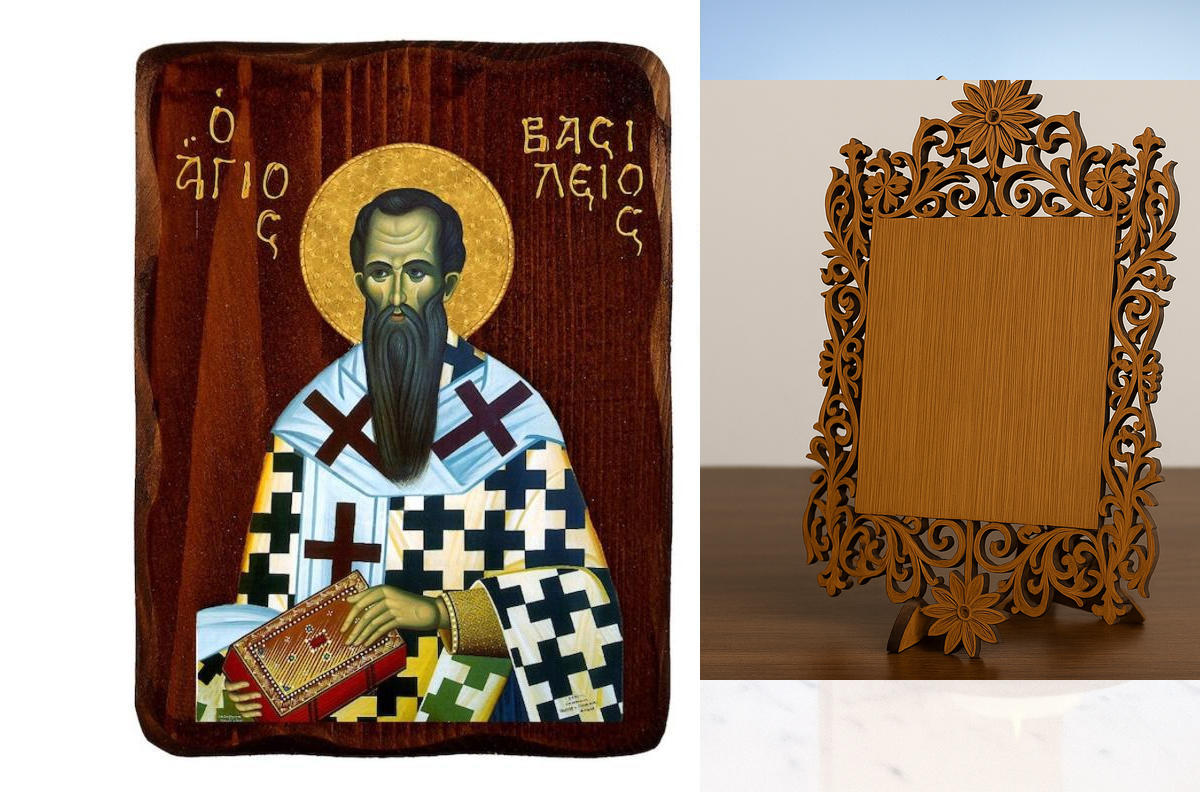 Εικόνα Ορθοδοξίας Δαντέλα μαζι με  Βάση σε  8 χρώματα με περίγραμμα χρυσό σε ξύλο Plywood (Πλακάζ)   με  βάση Εικόνα Αγίου Βασιλείου, Χειροποίητη ελληνορθόδοξη εικόνα του Αγίου Βασιλείου, επιτοίχια πλάκα βυζαντινής τέχνης, θρησκευτικό δώρο, χριστιανική δι