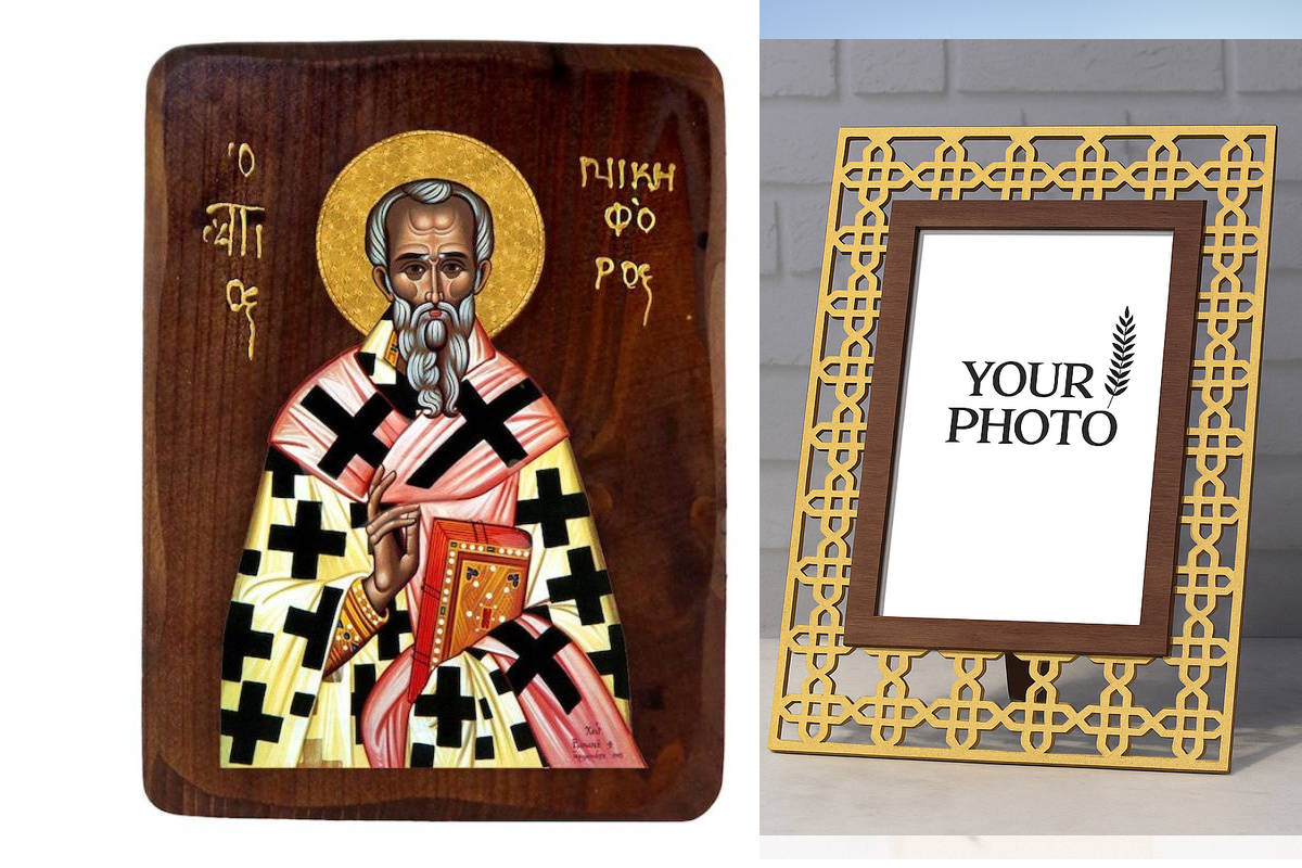 Εικόνα Ορθοδοξίας Πολυτελείας  με  σχεδιο Σταυρούς μαζι με  Βάση σε  8 χρώματα με περίγραμμα χρυσό σε ξύλο Plywood (Πλακάζ)   με  βάση Εικόνα Αγίου Νικηφόρου, Χειροποίητη ελληνορθόδοξη εικόνα του Αγίου Νικηφόρου, επιτοίχια πλάκα βυζαντινής τέχνης, θρησκευ