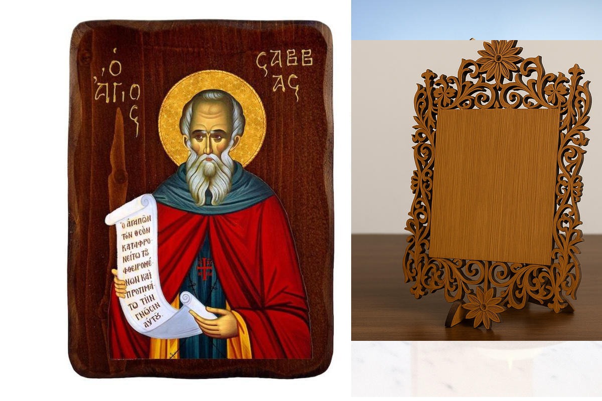 Εικόνα Ορθοδοξίας Δαντέλα μαζι με  Βάση σε  8 χρώματα με περίγραμμα χρυσό σε ξύλο Plywood (Πλακάζ)   με  βάση Εικόνα Αγίου Σάββα, Χειροποίητη Ελληνορθόδοξη εικόνα του Αγίου Σάββα, επιτοίχια πλάκα βυζαντινής τέχνης, θρησκευτικό δώρο, χριστιανική διακόσμηση