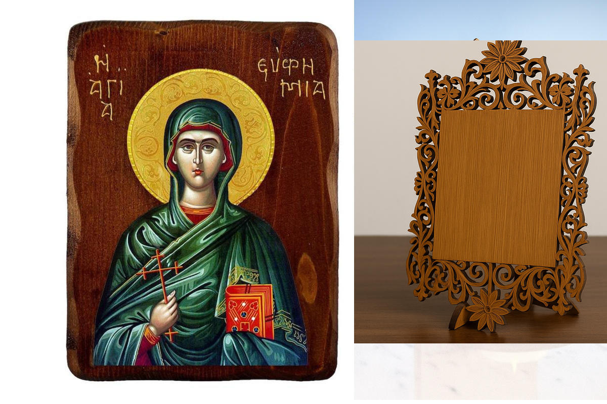 Εικόνα Ορθοδοξίας Δαντέλα μαζι με  Βάση σε  8 χρώματα με περίγραμμα χρυσό σε ξύλο Plywood (Πλακάζ)   με  βάση Εικόνα Αγίας Ευφημίας, Χειροποίητη ελληνορθόδοξη εικόνα της Αγίας Ευφημίας, επιτοίχια πλάκα βυζαντινής τέχνης, θρησκευτικό δώρο, χριστιανική διακ