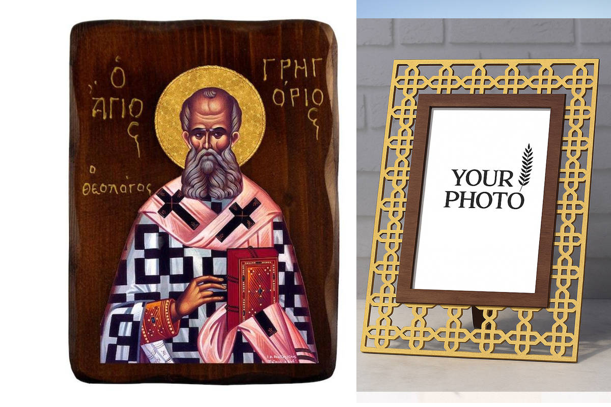 Εικόνα Ορθοδοξίας Πολυτελείας  με  σχεδιο Σταυρούς μαζι με  Βάση σε  8 χρώματα με περίγραμμα χρυσό σε ξύλο Plywood (Πλακάζ)   με  βάση Εικόνα Αγίου Γρηγορίου, Χειροποίητη ελληνορθόδοξη εικόνα του Αγίου Γρηγορίου, επιτοίχια πλάκα βυζαντινής τέχνης, θρησκευ