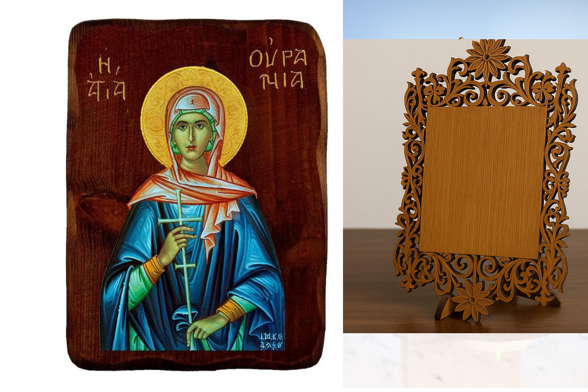 Εικόνα Ορθοδοξίας Δαντέλα μαζι με  Βάση σε  8 χρώματα με περίγραμμα χρυσό σε ξύλο Plywood (Πλακάζ)   με  βάση Εικόνα Αγίας Ουρανίας, Χειροποίητη Ελληνορθόδοξη εικόνα Αγίας Ουρανίας, επιτοίχια πλάκα βυζαντινής τέχνης, θρησκευτικό δώρο, χριστιανική διακόσμη