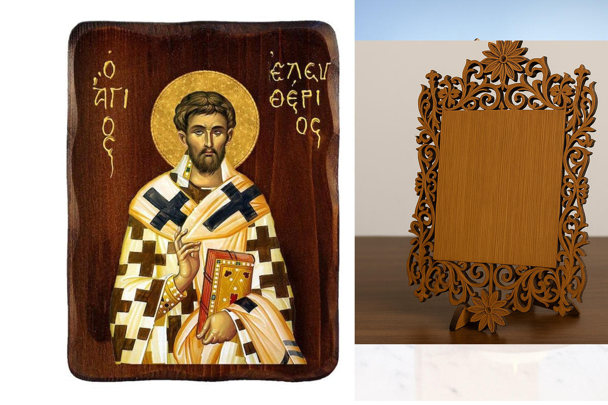 Εικόνα Ορθοδοξίας Δαντέλα μαζι με  Βάση σε  8 χρώματα με περίγραμμα χρυσό σε ξύλο Plywood (Πλακάζ)   με  βάση Εικόνα Αγίου Ελευθερίου, Χειροποίητη Ελληνορθόδοξη εικόνα Αγίου Ελευθερίου, επιτοίχια βυζαντινή τέχνη, θρησκευτικό δώρο, χριστιανική διακόσμηση Δ