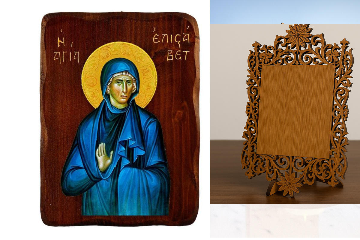 Εικόνα Ορθοδοξίας Δαντέλα μαζι με  Βάση σε  8 χρώματα με περίγραμμα χρυσό σε ξύλο Plywood (Πλακάζ)   με  βάση Εικόνα Αγίας Ελισάβετ, Χειροποίητη ελληνορθόδοξη εικόνα της Αγίας Ελισάβετ, επιτοίχια πλάκα βυζαντινής τέχνης, θρησκευτικό δώρο, χριστιανική διακ