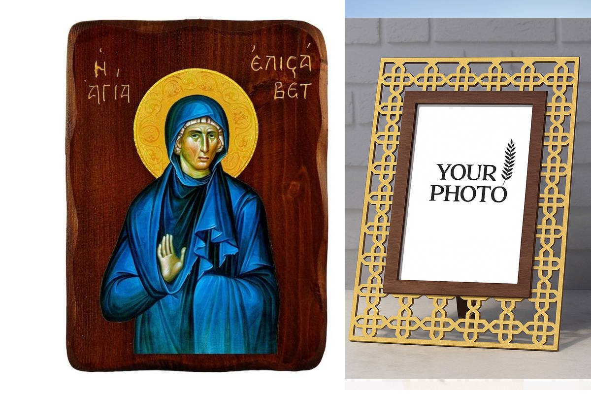 Σετ 2 τεμαχίων – Εικόνα Ορθοδοξίας Πολυτελείας  με  σχεδιο Σταυρούς μαζι με  Βάση σε  8 χρώματα με περίγραμμα χρυσό σε ξύλο Plywood (Πλακάζ)   με  βάση Εικόνα Αγίας Ελισάβετ, Χειροποίητη ελληνορθόδοξη εικόνα της Αγίας Ελισάβετ, επιτοίχια πλάκα βυζαντινής