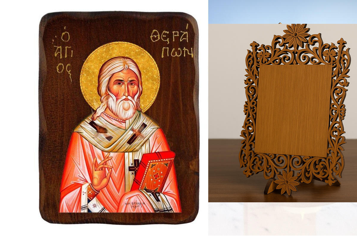 Εικόνα Ορθοδοξίας Δαντέλα μαζι με  Βάση σε  8 χρώματα με περίγραμμα χρυσό σε ξύλο Plywood (Πλακάζ)   με  βάση Εικόνα Αγίου Θεράποντος, Χειροποίητη ελληνορθόδοξη εικόνα του Αγίου Θεράποντος, επιτοίχια πλάκα βυζαντινής τέχνης, θρησκευτικό δώρο, χριστιανική