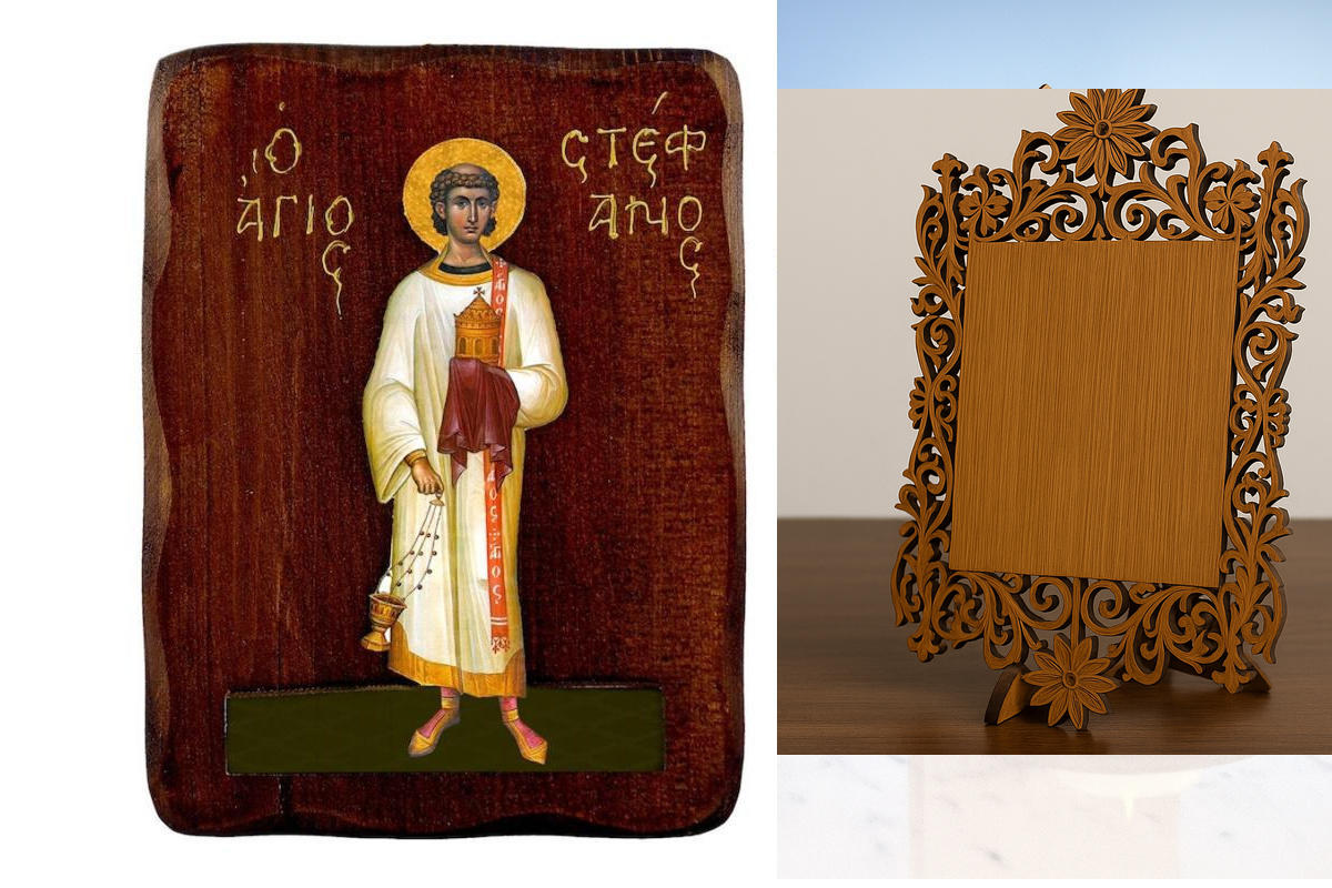 Εικόνα Ορθοδοξίας Δαντέλα μαζι με  Βάση σε  8 χρώματα με περίγραμμα χρυσό σε ξύλο Plywood (Πλακάζ)   με  βάση Εικόνα Αγίου Στεφάνου, Χειροποίητη ελληνορθόδοξη εικόνα του Αγίου Στεφάνου, επιτοίχια πλάκα βυζαντινής τέχνης, θρησκευτικό δώρο, χριστιανική διακ
