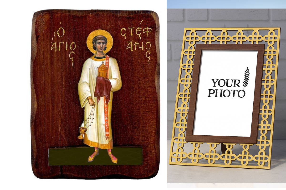 Εικόνα Ορθοδοξίας Πολυτελείας  με  σχεδιο Σταυρούς μαζι με  Βάση σε  8 χρώματα με περίγραμμα χρυσό σε ξύλο Plywood (Πλακάζ)   με  βάση Εικόνα Αγίου Στεφάνου, Χειροποίητη ελληνορθόδοξη εικόνα του Αγίου Στεφάνου, επιτοίχια πλάκα βυζαντινής τέχνης, θρησκευτι