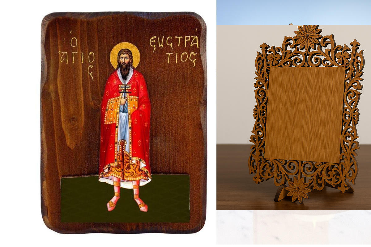 Εικόνα Ορθοδοξίας Δαντέλα μαζι με  Βάση σε  8 χρώματα με περίγραμμα χρυσό σε ξύλο Plywood (Πλακάζ)   με  βάση Εικόνα Αγίου Ευστρατίου, Χειροποίητη ελληνορθόδοξη εικόνα του Αγίου Ευστρατίου, επιτοίχια πλάκα βυζαντινής τέχνης, θρησκευτικό δώρο, χριστιανική