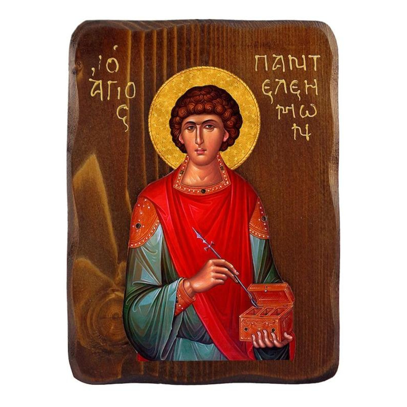 Εικόνα Ορθοδοξίας με περίγραμμα χρυσό σε ξύλο Φλαμουρίας  με  βάση Εικόνα Αγίου Παντελεήμονα, Χειροποίητη ελληνορθόδοξη εικόνα του Αγίου Παντελεήμονα, επιτοίχια πλάκα βυζαντινής τέχνης, θρησκευτικό δώρο, χριστιανική διακόσμηση Διάσταση 45x35 cm (17,7 x 13
