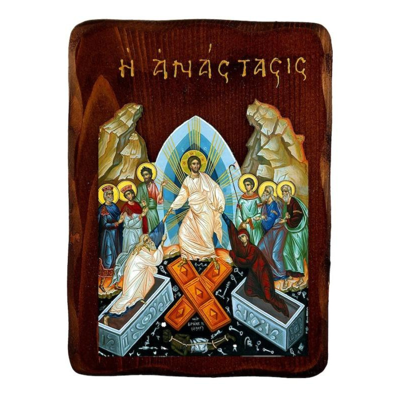 Εικόνα Ορθοδοξίας με περίγραμμα χρυσό σε ξύλο Φλαμουρίας  με  βάση Εικόνα της Ανάστασης του Χριστού, Χειροποίητη ελληνική εικόνα της Ανάστασης, επιτοίχια πλάκα βυζαντινής τέχνης, θρησκευτικό δώρο, χριστιανική διακόσμηση Διάσταση 45x35 cm (17,7 x 13,8 ίντσ