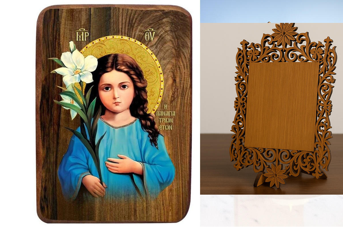 Σετ 2 τεμαχίων – Εικόνα Ορθοδοξίας Δαντέλα μαζι με  Βάση σε  8 χρώματα με περίγραμμα χρυσό σε ξύλο Plywood (Πλακάζ)   με  βάση Παναγία σε Μπομπονιέρα Βάπτισης Τριών Χρονών Σετ 20 τεμαχίων, Εικόνα Βάπτισης, Μπομπονιέρα Χειροποίητη Βυζαντινή εικόνα 9x6cm, Χ