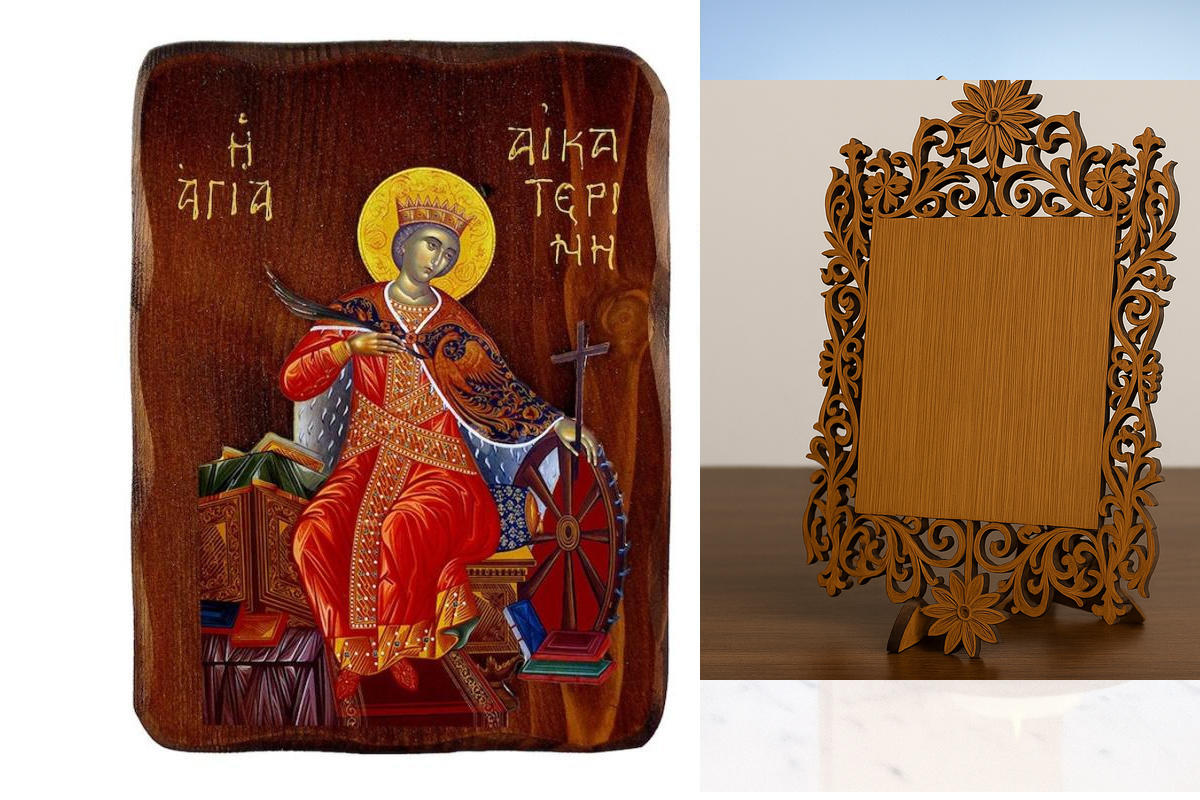 Εικόνα Ορθοδοξίας Δαντέλα μαζι με  Βάση σε  8 χρώματα με περίγραμμα χρυσό σε ξύλο Plywood (Πλακάζ)   με  βάση Εικόνα Αγίας Αικατερίνης, Χειροποίητη ελληνορθόδοξη εικόνα της Αγίας Αικατερίνης, επιτοίχια πλάκα βυζαντινής τέχνης, θρησκευτικό δώρο, χριστιανικ