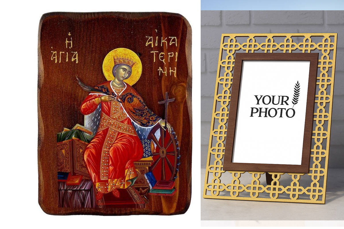 Εικόνα Ορθοδοξίας Πολυτελείας  με  σχεδιο Σταυρούς μαζι με  Βάση σε  8 χρώματα με περίγραμμα χρυσό σε ξύλο Plywood (Πλακάζ)   με  βάση Εικόνα Αγίας Αικατερίνης, Χειροποίητη ελληνορθόδοξη εικόνα της Αγίας Αικατερίνης, επιτοίχια πλάκα βυζαντινής τέχνης, θρη