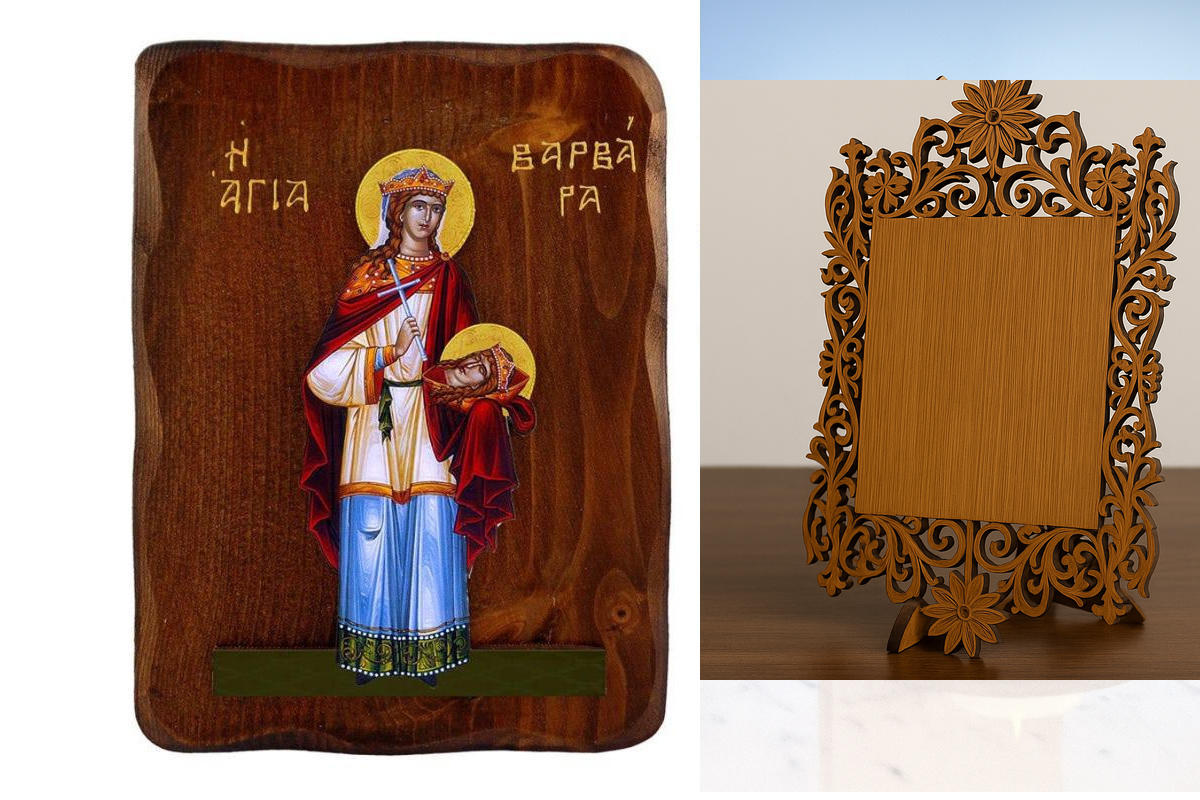 Εικόνα Ορθοδοξίας Δαντέλα μαζι με  Βάση σε  8 χρώματα με περίγραμμα χρυσό σε ξύλο Plywood (Πλακάζ)   με  βάση Εικόνα Αγίας Βαρβάρας, Χειροποίητη ελληνορθόδοξη εικόνα της Αγίας Βαρβάρας, επιτοίχια πλάκα βυζαντινής τέχνης, θρησκευτικό δώρο, χριστιανική διακ