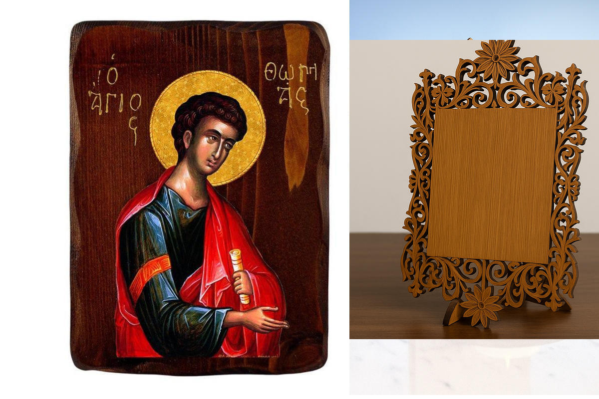 Εικόνα Ορθοδοξίας Δαντέλα μαζι με  Βάση σε  8 χρώματα με περίγραμμα χρυσό σε ξύλο Plywood (Πλακάζ)   με  βάση Εικόνα Αγίου Θωμά, Χειροποίητη ελληνορθόδοξη εικόνα του Αγίου Θωμά, επιτοίχια πλάκα βυζαντινής τέχνης, θρησκευτικό δώρο, χριστιανική διακόσμηση Δ