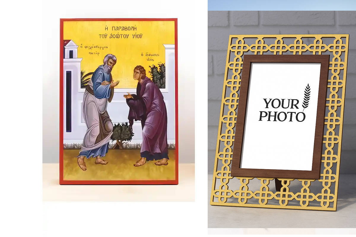 Εικόνα Ορθοδοξίας Πολυτελείας  με  σχεδιο Σταυρούς μαζι με  Βάση σε  8 χρώματα με περίγραμμα χρυσό σε ξύλο Plywood (Πλακάζ)   με  βάση Παραβολή του Ασώτου, Ξύλινη Χειροποίητη Εικόνα Ελληνικού Βυζαντινού Στυλ Κρεμασμένο σε ξύλινη πλάκα Θρησκευτικό θέμα Χει