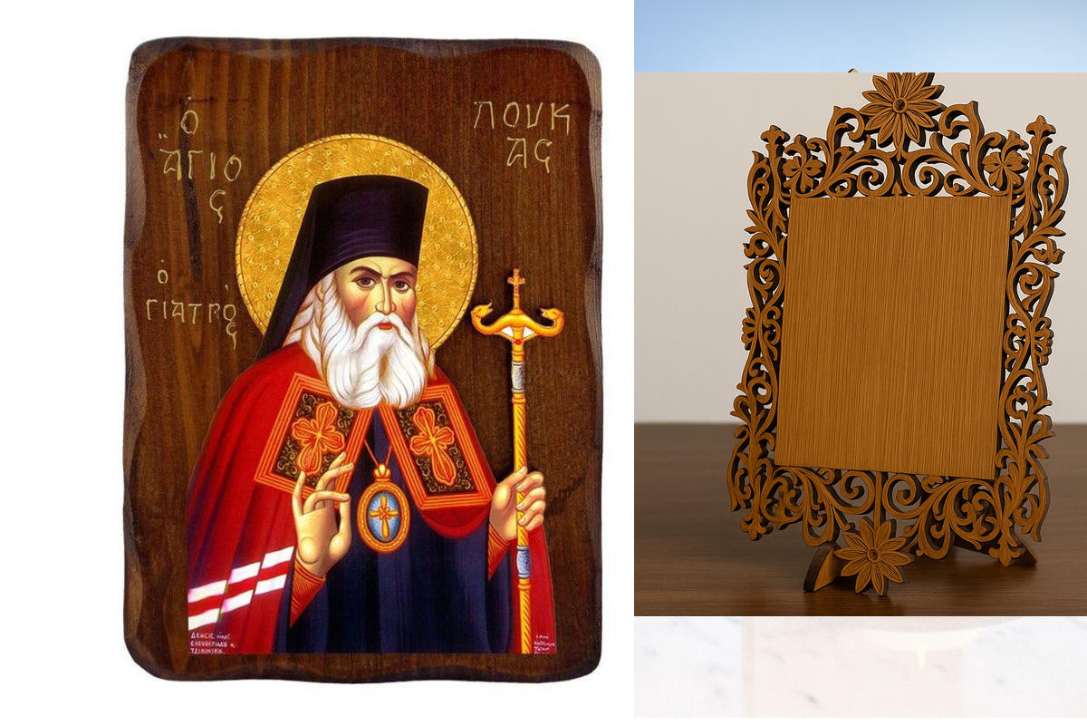 Εικόνα Ορθοδοξίας Δαντέλα μαζι με  Βάση σε  8 χρώματα με περίγραμμα χρυσό σε ξύλο Plywood (Πλακάζ)   με  βάση Εικόνα Αγίου Λουκά του Ιατρού, Χειροποίητη Ελληνορθόδοξη εικόνα του Αγίου Λουκά, επιτοίχια πλάκα βυζαντινής τέχνης, θρησκευτικό δώρο, χριστιανική