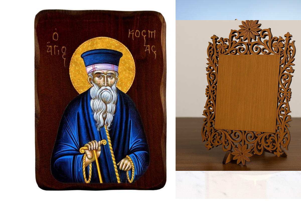 Εικόνα Ορθοδοξίας Δαντέλα μαζι με  Βάση σε  8 χρώματα με περίγραμμα χρυσό σε ξύλο Plywood (Πλακάζ)   με  βάση Εικόνα Αγίου Κοσμά Αιτωλού, Χειροποίητη Ελληνορθόδοξη εικόνα του Αγίου Κοσμά, επιτοίχια πλάκα βυζαντινής τέχνης, θρησκευτικό δώρο, χριστιανική δι