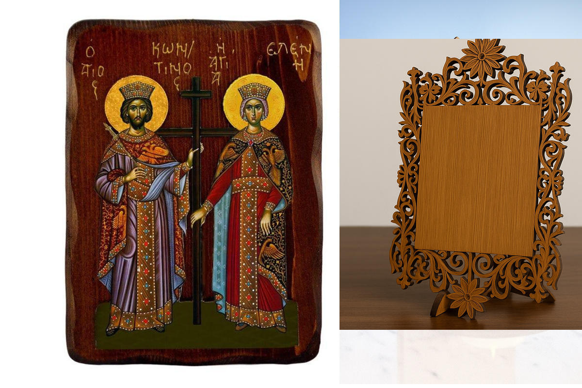 Εικόνα Ορθοδοξίας Δαντέλα μαζι με  Βάση σε  8 χρώματα με περίγραμμα χρυσό σε ξύλο Plywood (Πλακάζ)   με  βάση Εικόνα Αγίων Κωνσταντίνου και Ελένης, Χειροποίητη εικόνα Κωνσταντίνου και Ελένης, Βυζαντινή επιτοίχια πλάκα, θρησκευτικό δώρο, χριστιανική διακόσ