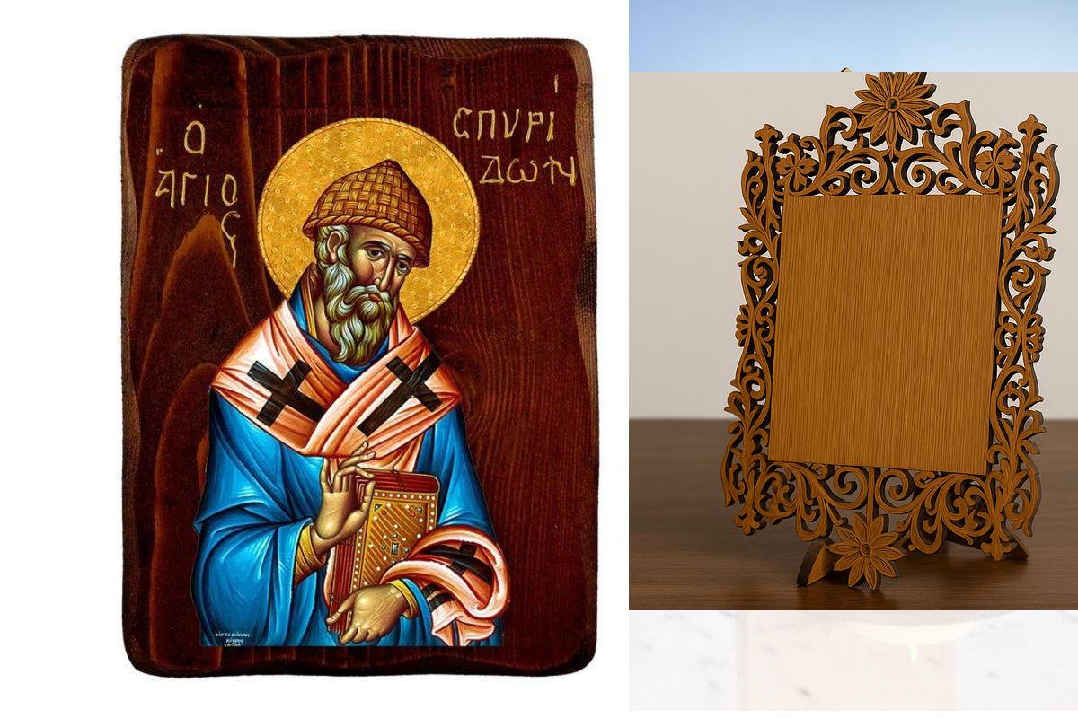 Σετ 2 τεμαχίων – Εικόνα Ορθοδοξίας Δαντέλα μαζι με  Βάση σε  8 χρώματα με περίγραμμα χρυσό σε ξύλο Plywood (Πλακάζ)   με  βάση Εικόνα Αγίου Σπυρίδωνα, Χειροποίητη ελληνική εικόνα του Αγίου Σπυρίδωνα, επιτοίχια πλάκα βυζαντινής τέχνης, θρησκευτικό δώρο, χρ